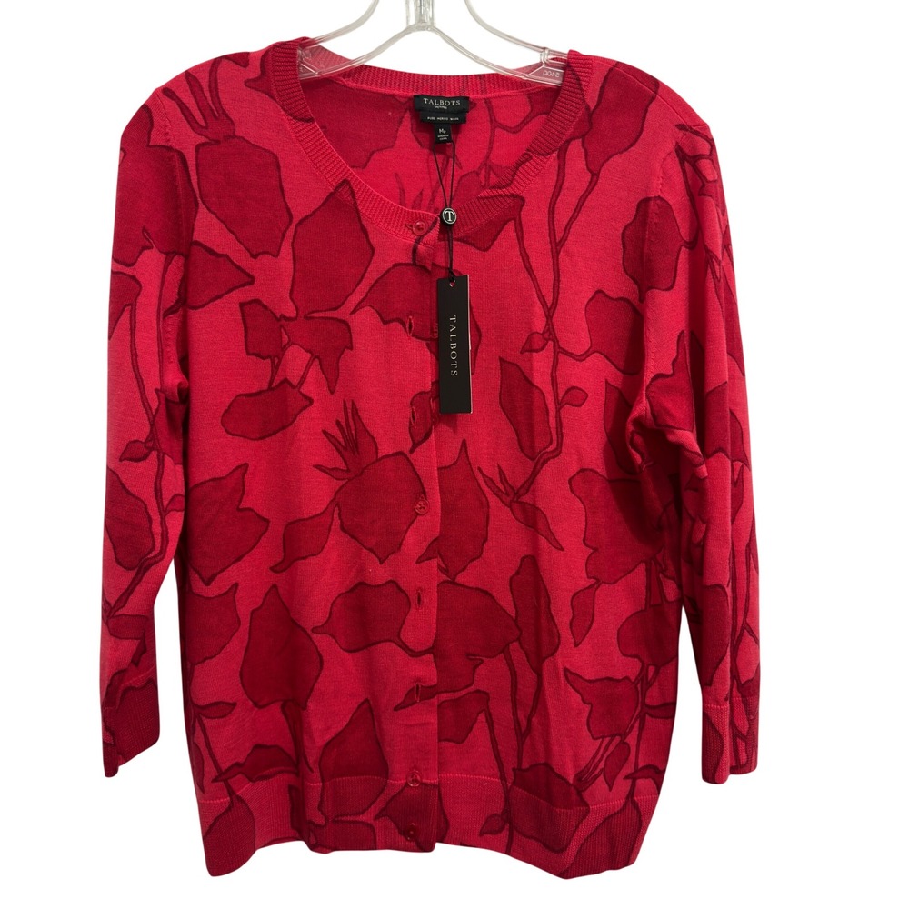 NWT Talbots Petites 100% Merino Wool Cardigan Red Floral Print Preppy PM
